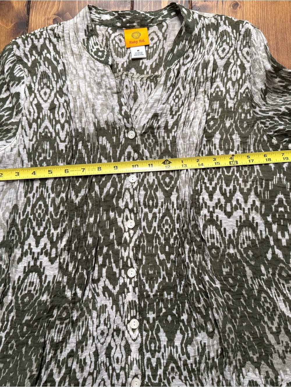 Ruby Rd. Olive and Cream Patterned Button-Front Shirt - Picture 2 of 5